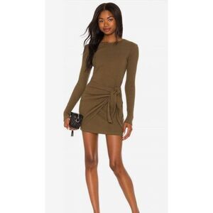 Superdown Dana Wrap‎ Tie Ribbed Knit Mini Dress in Olive Size S